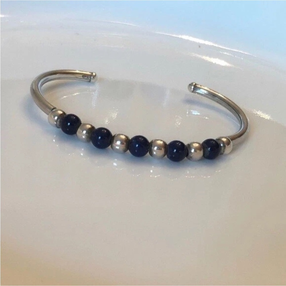 Silpada Sterling Silver and Blue Sodalite beaded flexible cuff bracelet.